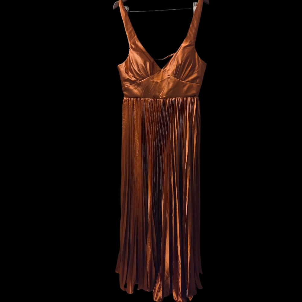 Satin V-Neck Pleated Maxi Dress in Copper